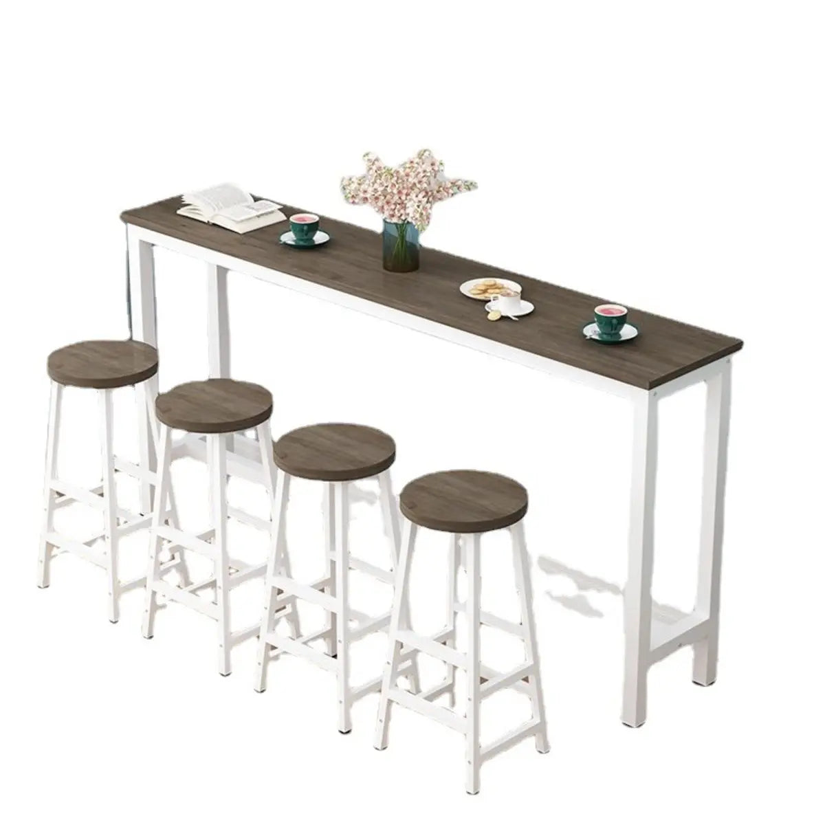 Gray Rectangular Wood Large Bistro Bar Table With Footrest Image - 5