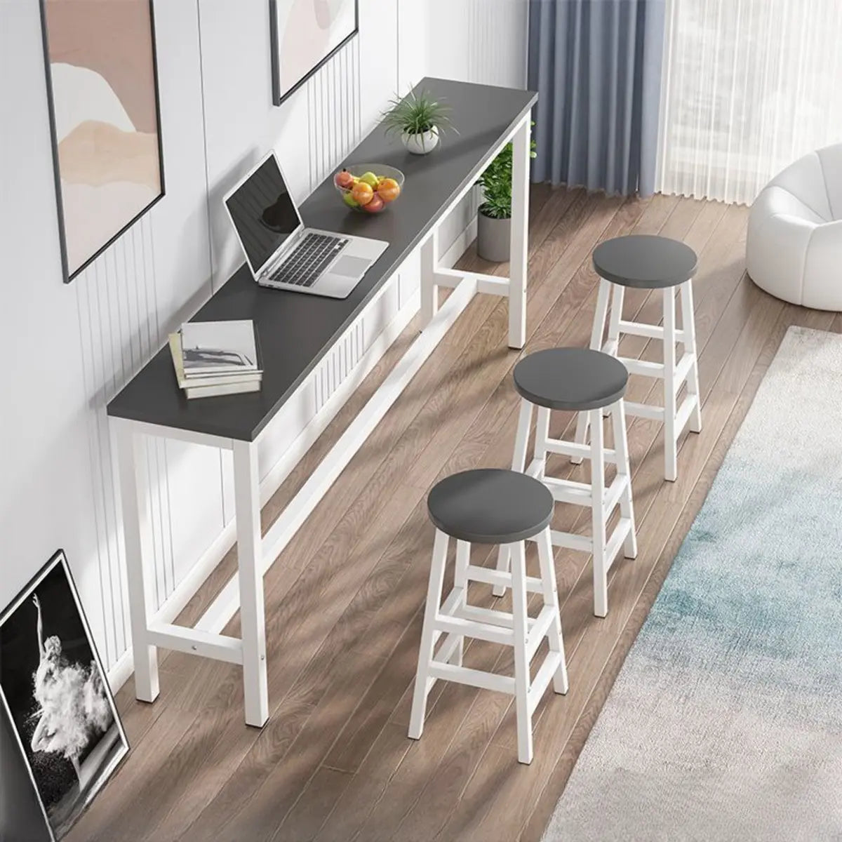 Gray Rectangular Wood Large Bistro Bar Table With Footrest Image - 7