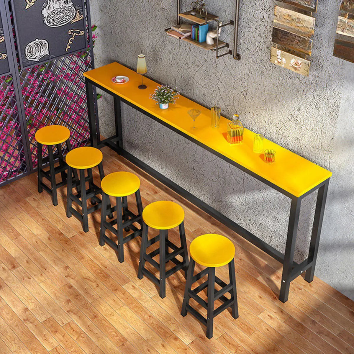 Gray Rectangular Wood Large Bistro Bar Table With Footrest Image - 8