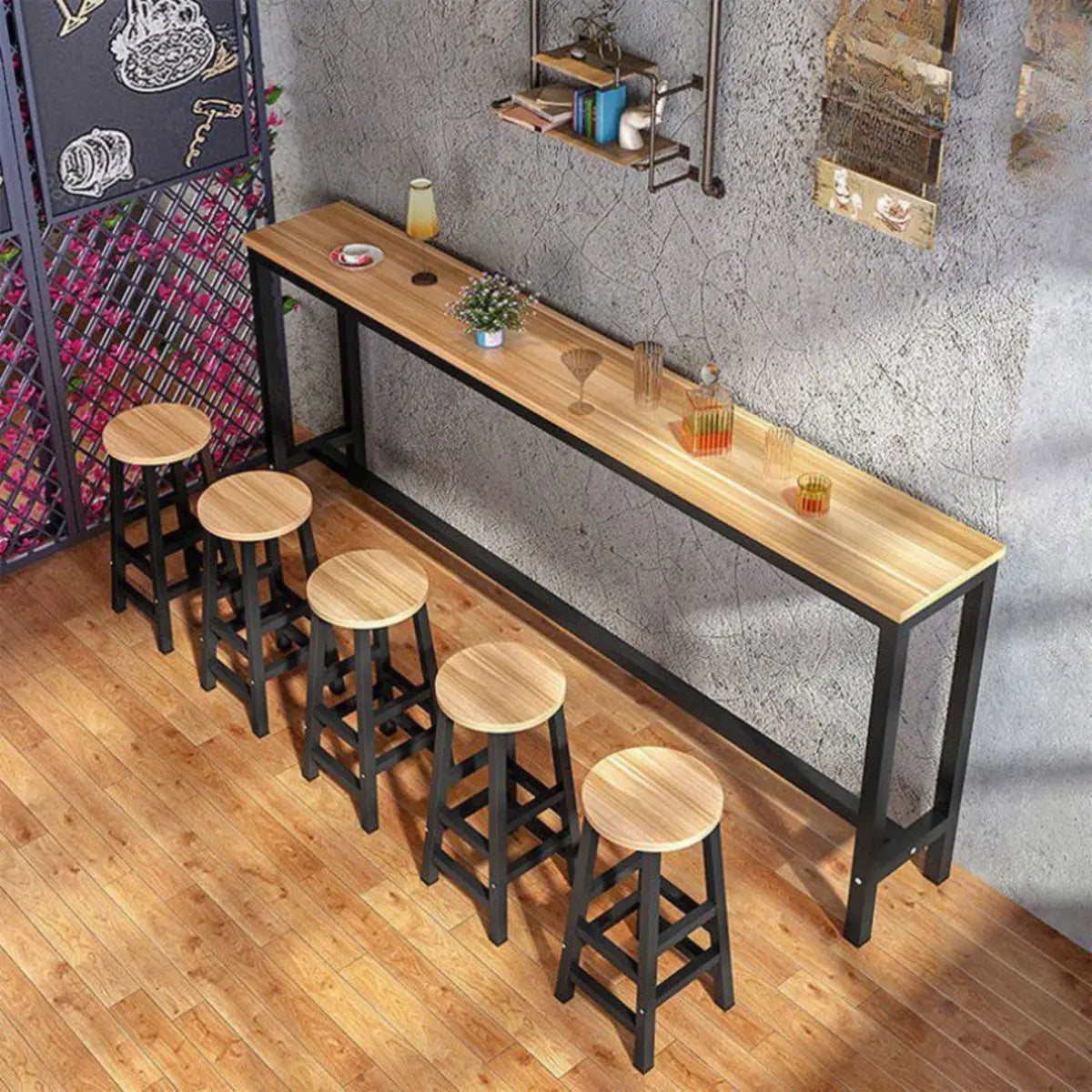 Gray Rectangular Wood Large Bistro Bar Table With Footrest Image - 9