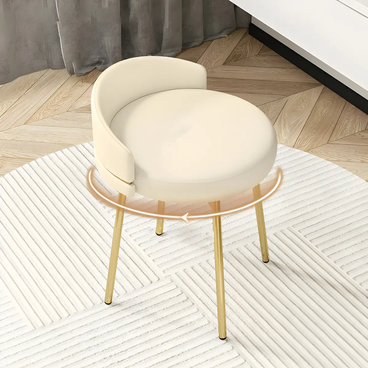 Gray Round Leather Upholstered Vanity Stool with Backrest Image - 10