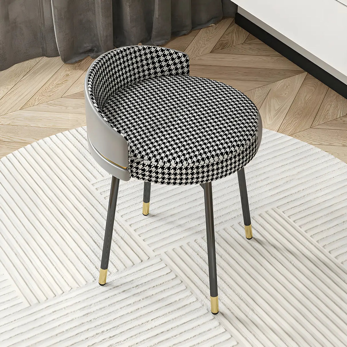 Gray Round Leather Upholstered Vanity Stool with Backrest Image - 17