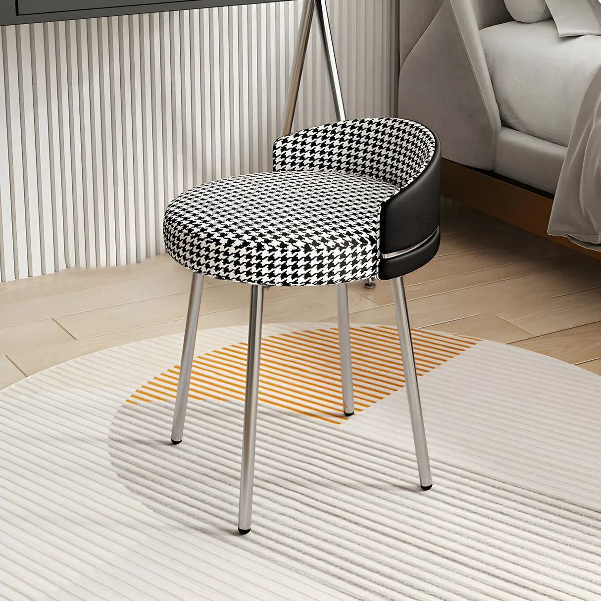 Gray Round Leather Upholstered Vanity Stool with Backrest Image - 19