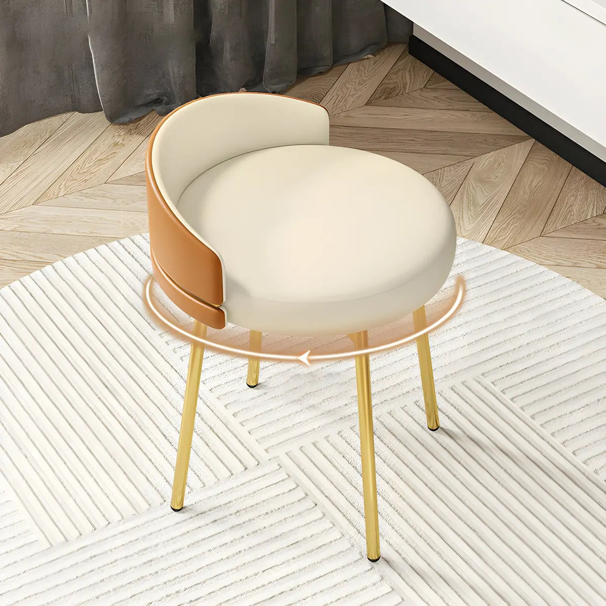 Gray Round Leather Upholstered Vanity Stool with Backrest Image - 2
