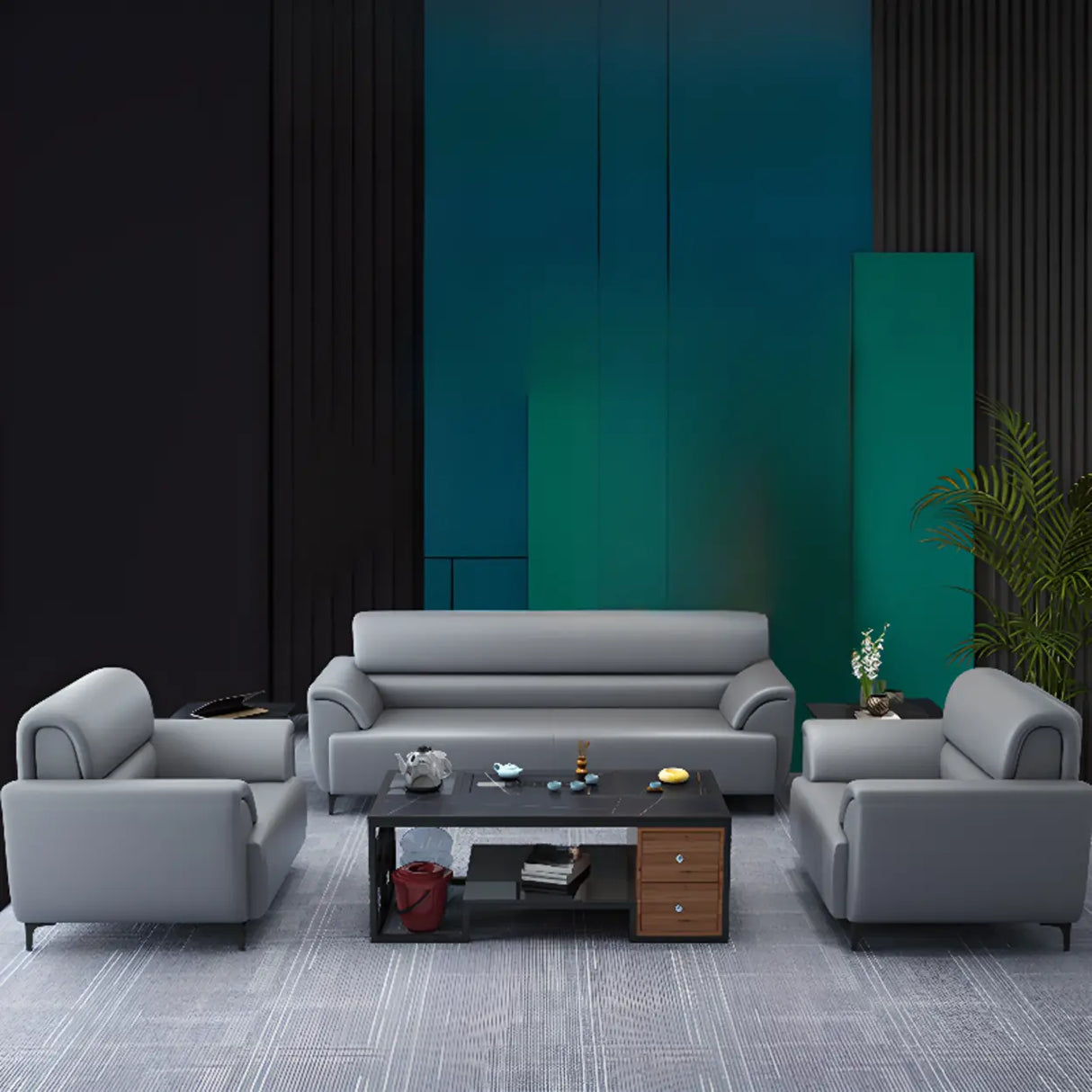 Gray Scratch Resistant Faux Leather Sofa Seating Group Image - 4