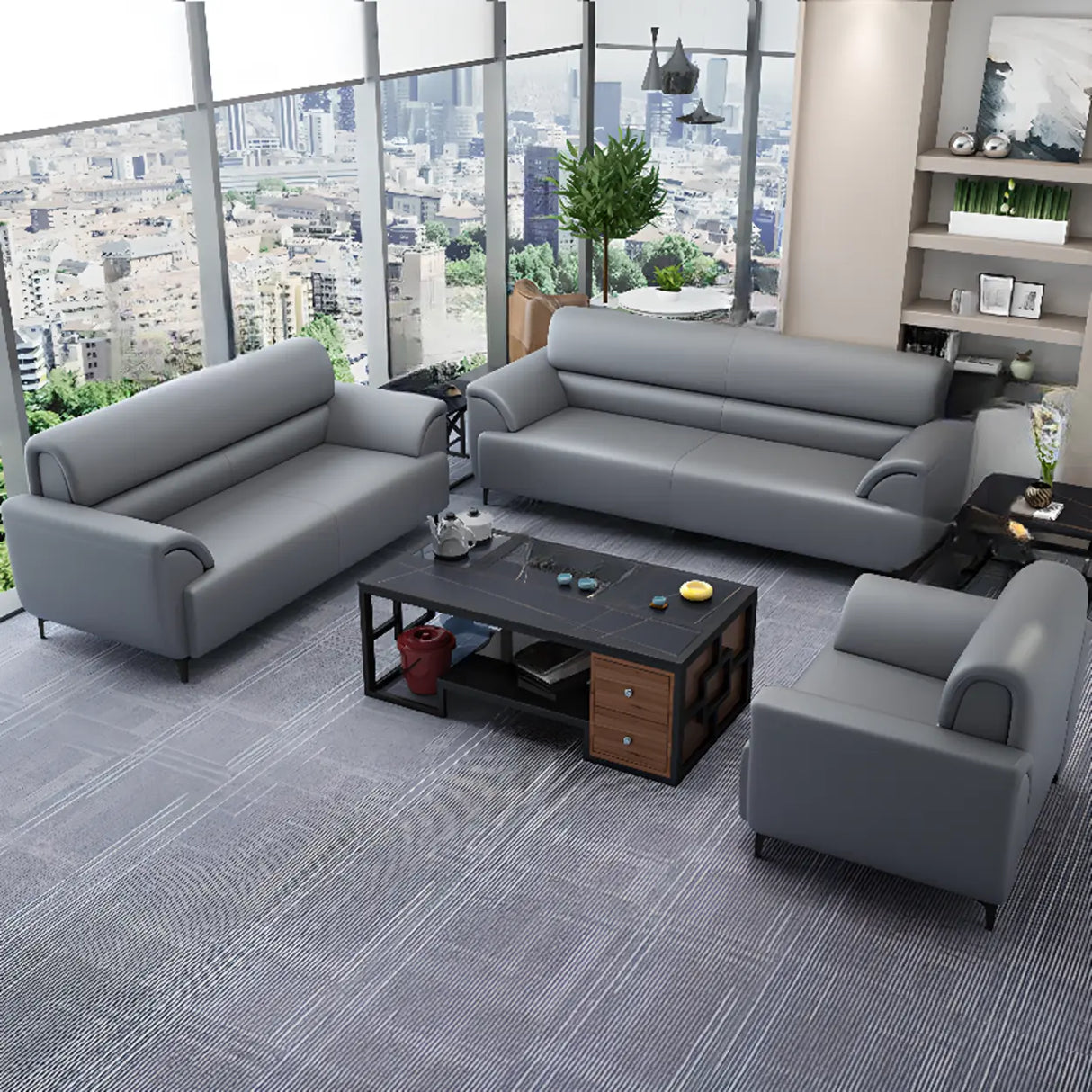 Gray Scratch Resistant Faux Leather Sofa Seating Group Image - 6