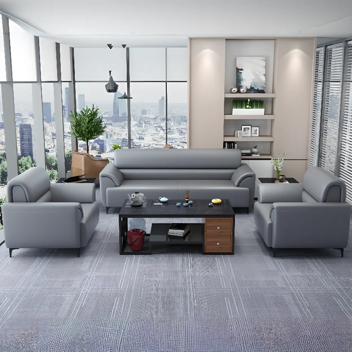 Gray Scratch Resistant Faux Leather Sofa Seating Group Image - 7