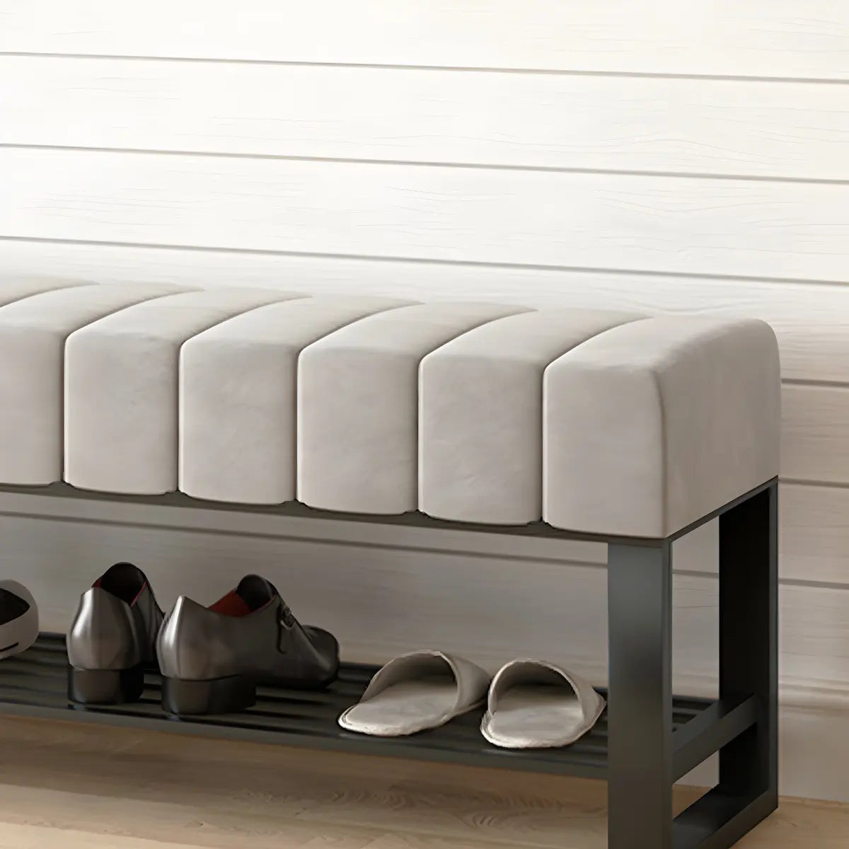 Gray Short Cushioned Entryway Bench with Shoe Storage Image - 11