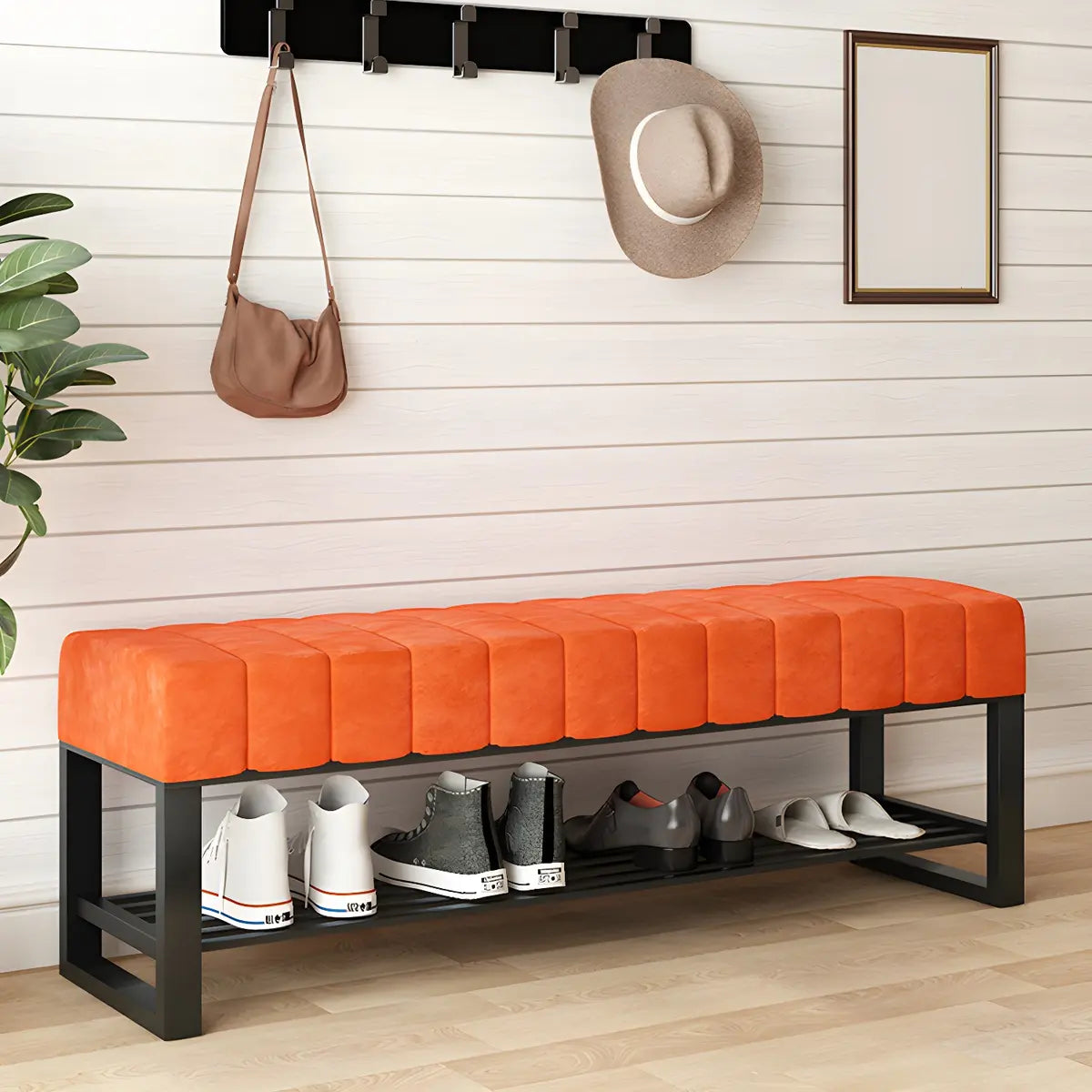 Gray Short Cushioned Entryway Bench with Shoe Storage Image - 14