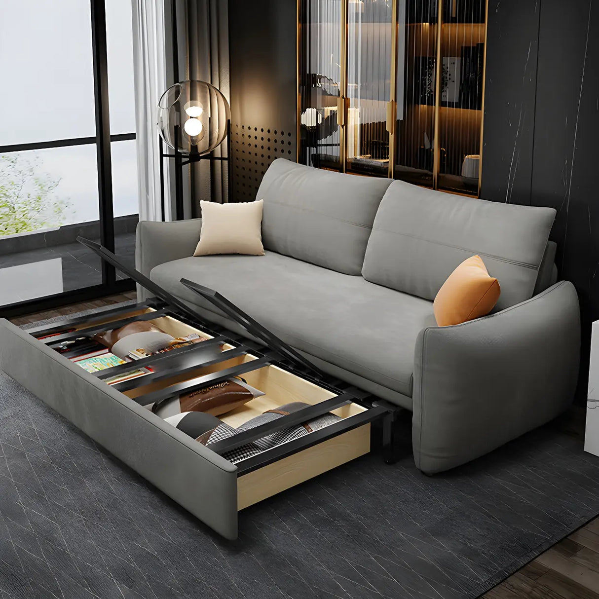 Gray Stain Resistant Cushion Back Square Arm Sofa Bed Image - 5