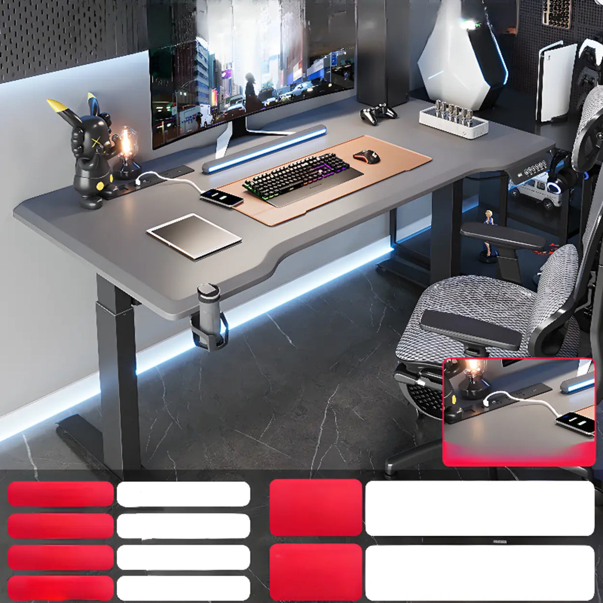 Gray Standard Adjustable Curved Wooden Computer Desk Image - 2