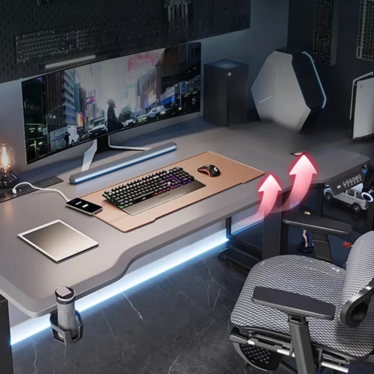 Gray Standard Adjustable Curved Wooden Computer Desk Image - 9