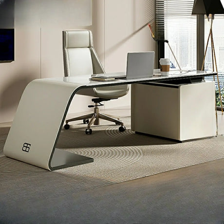 Gray Standard Curved Stone Computer Desk with Drawers Image - 1
