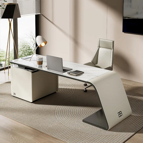 Gray Standard Curved Stone Computer Desk with Drawers Image - 2