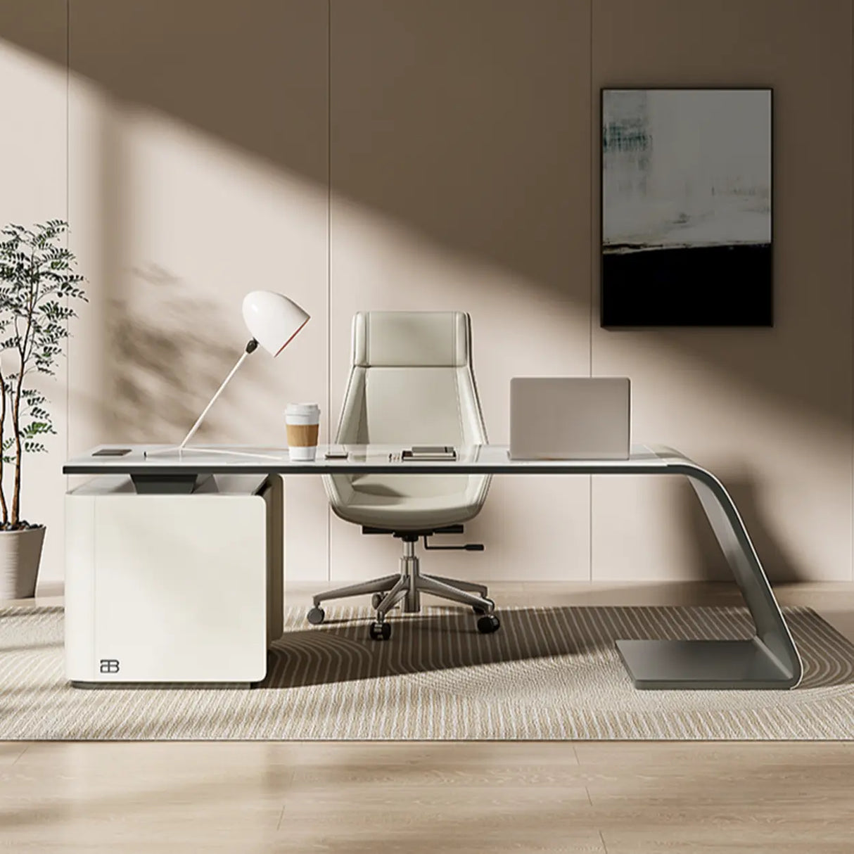 Gray Standard Curved Stone Computer Desk with Drawers Image - 3