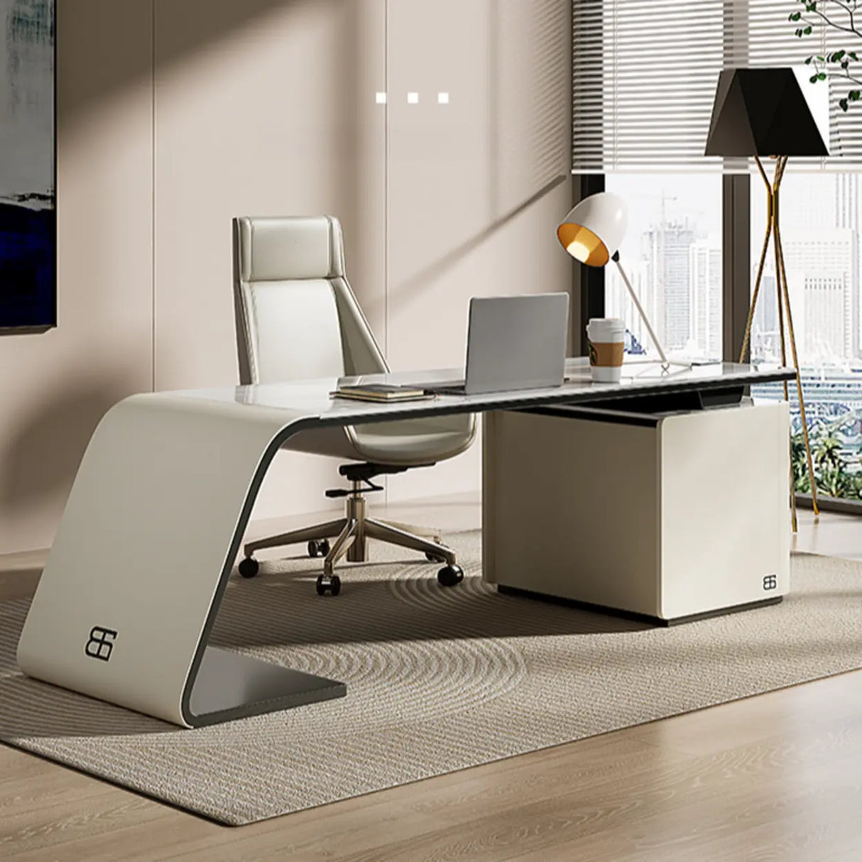 Gray Standard Curved Stone Computer Desk with Drawers Image - 4