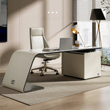 Gray Standard Curved Stone Computer Desk with Drawers Image - 4