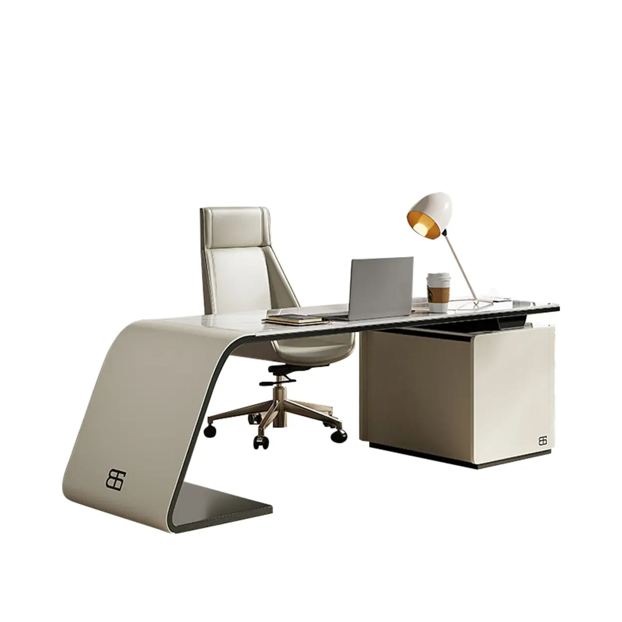 Gray Standard Curved Stone Computer Desk with Drawers Image - 5