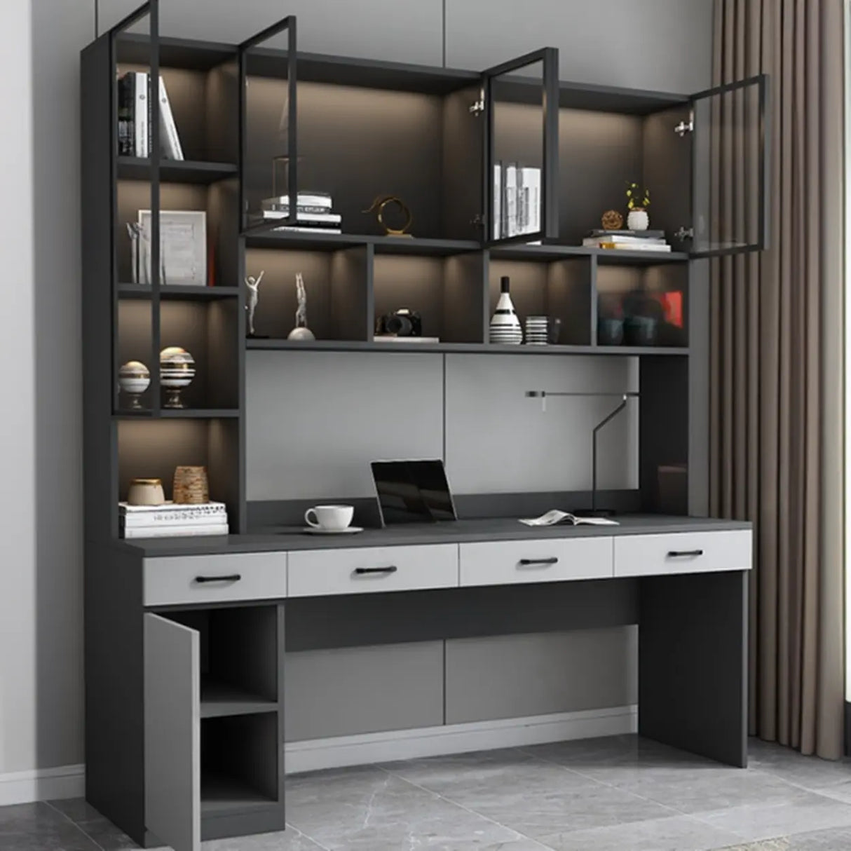 Gray Standard Wood Computer Desk with Cabinet and Shelf Image - 1