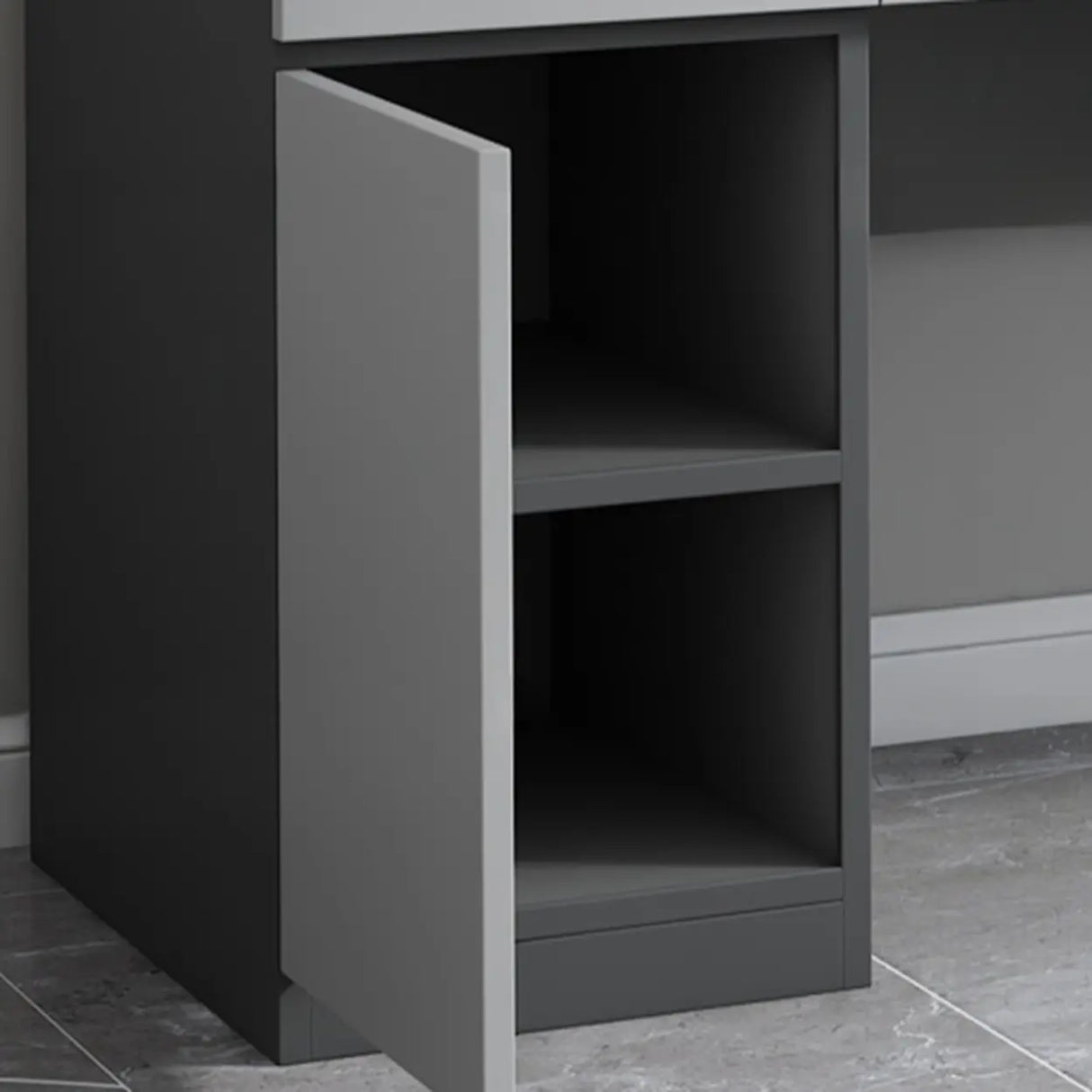 Gray Standard Wood Computer Desk with Cabinet and Shelf Image - 16