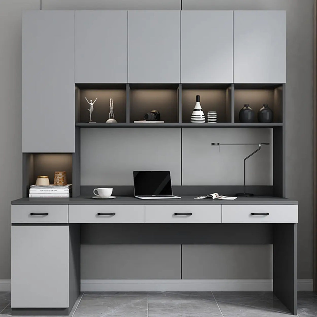 Gray Standard Wood Computer Desk with Cabinet and Shelf Image - 7