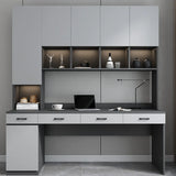 Gray Standard Wood Computer Desk with Cabinet and Shelf Image - 7