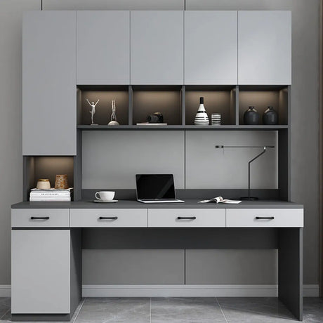 Gray Standard Wood Computer Desk with Cabinet and Shelf Image - 7
