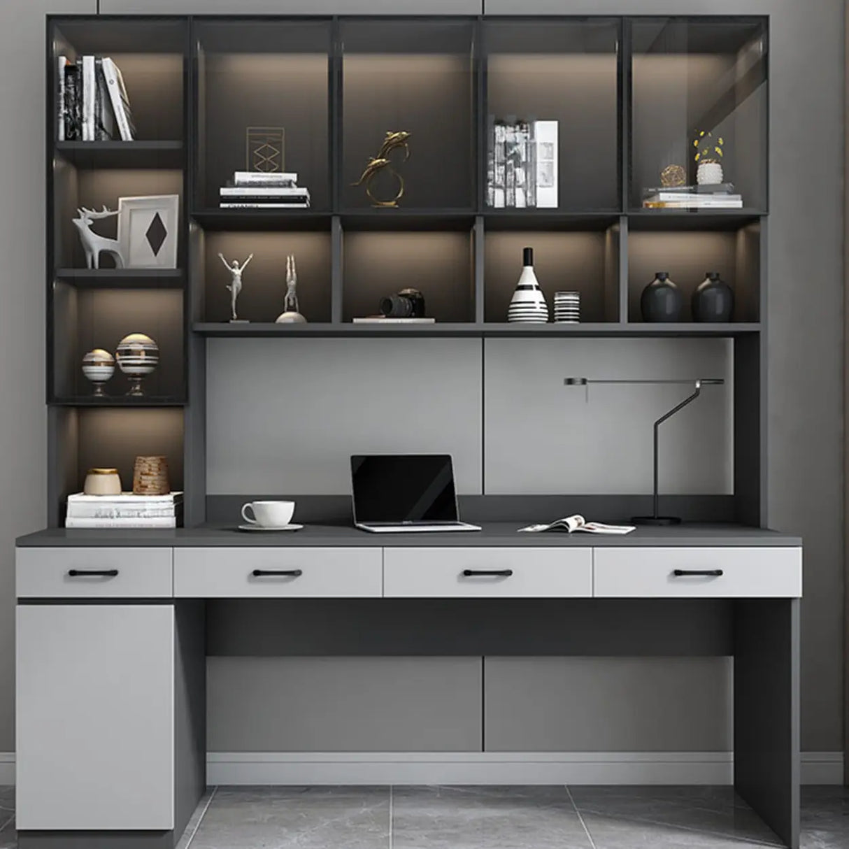 Gray Standard Wood Computer Desk with Cabinet and Shelf Image - 2