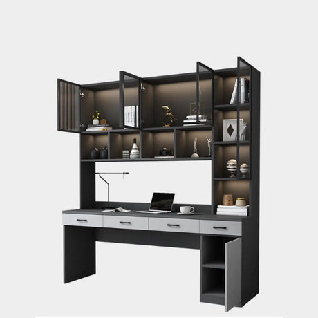 Gray Standard Wood Computer Desk with Cabinet and Shelf Image - 8