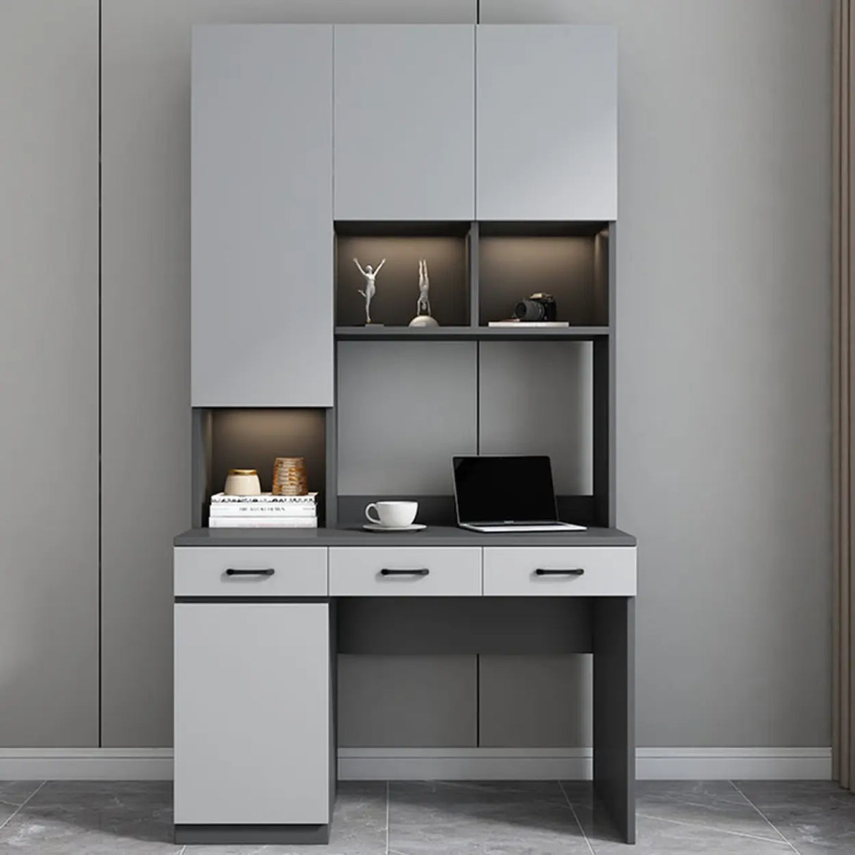 Gray Standard Wood Computer Desk with Cabinet and Shelf Image - 3