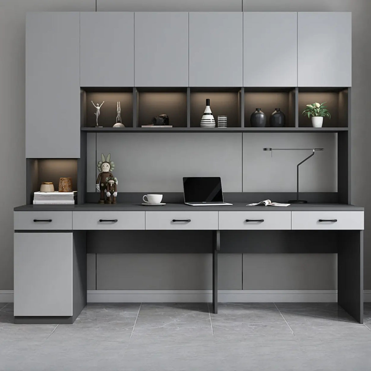 Gray Standard Wood Computer Desk with Cabinet and Shelf Image - 9