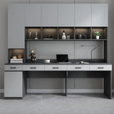 Gray Standard Wood Computer Desk with Cabinet and Shelf Image - 9