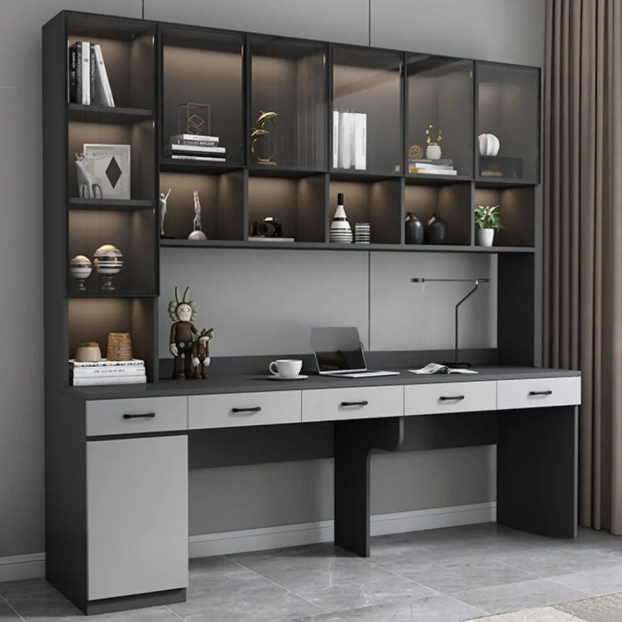 Gray Standard Wood Computer Desk with Cabinet and Shelf Image - 4