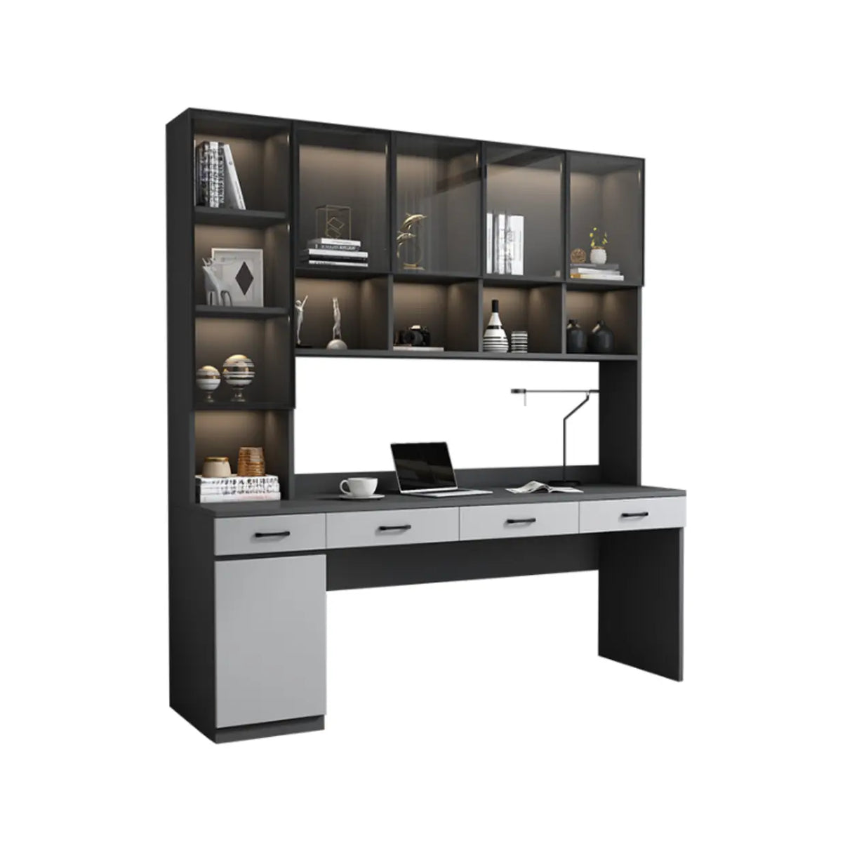 Gray Standard Wood Computer Desk with Cabinet and Shelf Image - 10