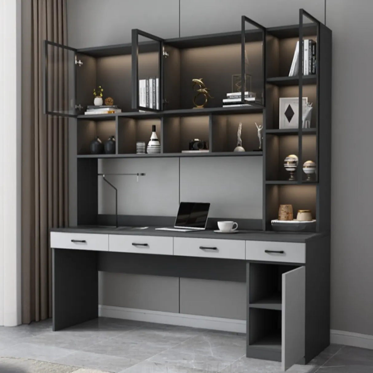 Gray Standard Wood Computer Desk with Cabinet and Shelf Image - 5