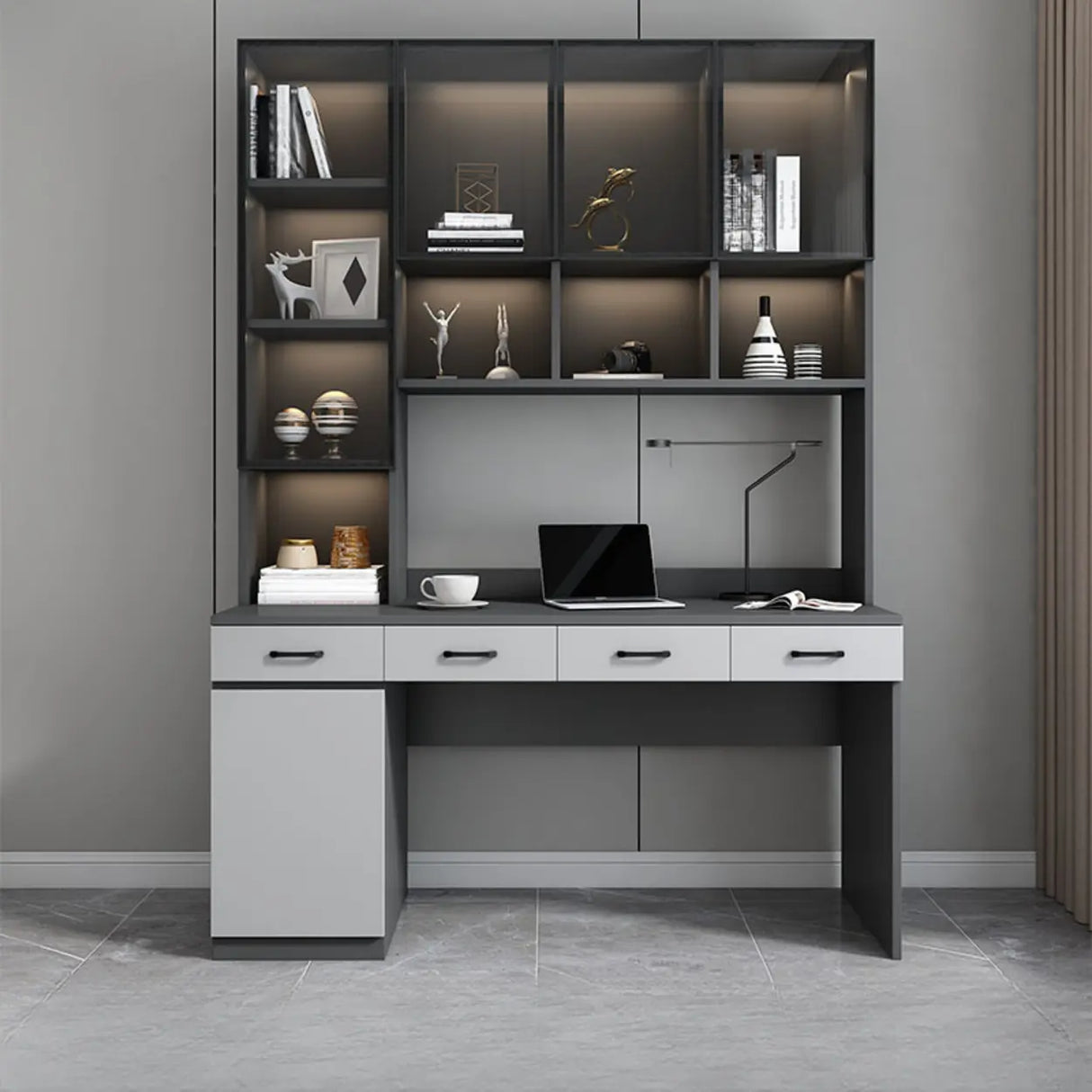 Gray Standard Wood Computer Desk with Cabinet and Shelf Image - 11