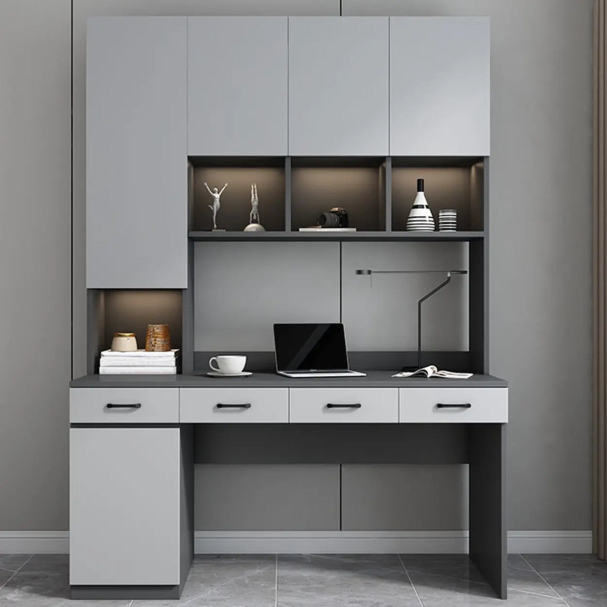 Gray Standard Wood Computer Desk with Cabinet and Shelf Image - 6