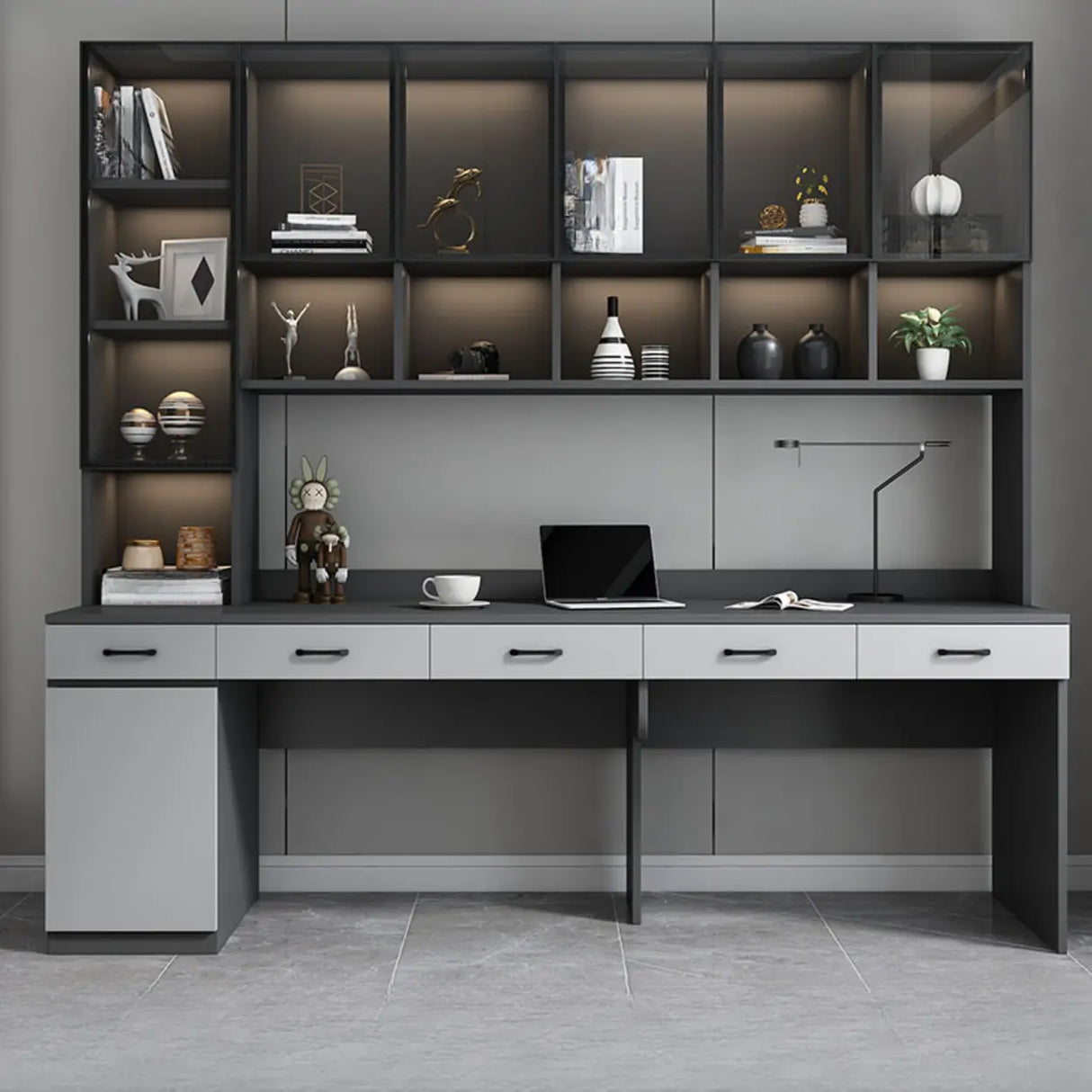 Gray Standard Wood Computer Desk with Cabinet and Shelf Image - 13