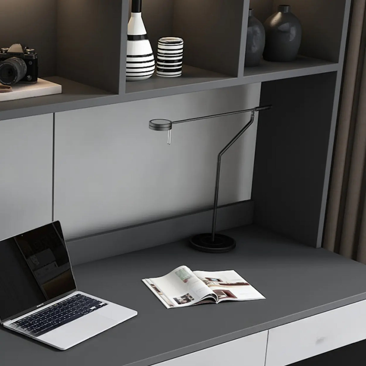 Gray Standard Wood Computer Desk with Cabinet and Shelf Image - 15