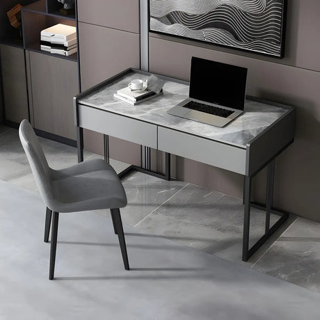 Gray Stone Top Metal Sled Writing Desk with Drawers Image - 1