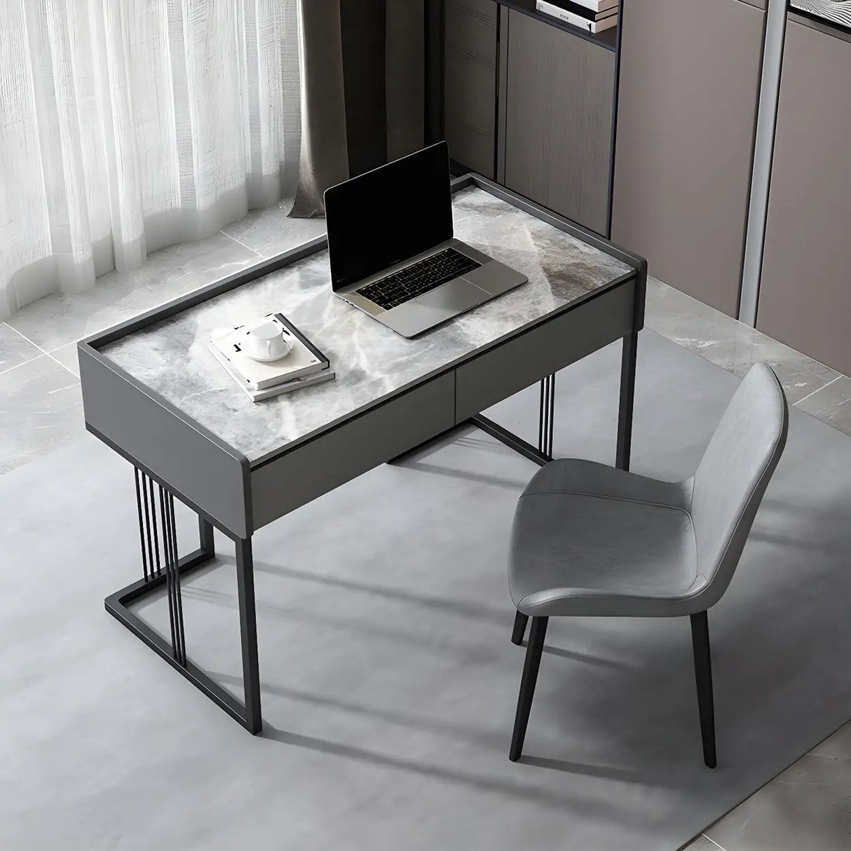 Gray Stone Top Metal Sled Writing Desk with Drawers Image - 3