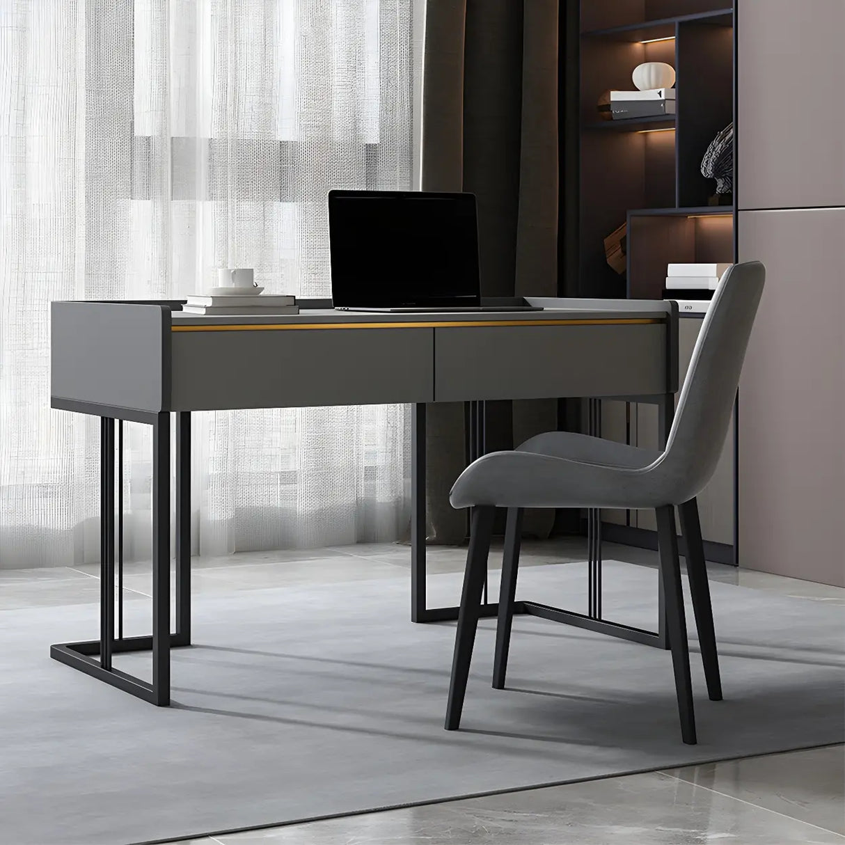 Gray Stone Top Metal Sled Writing Desk with Drawers Image - 5