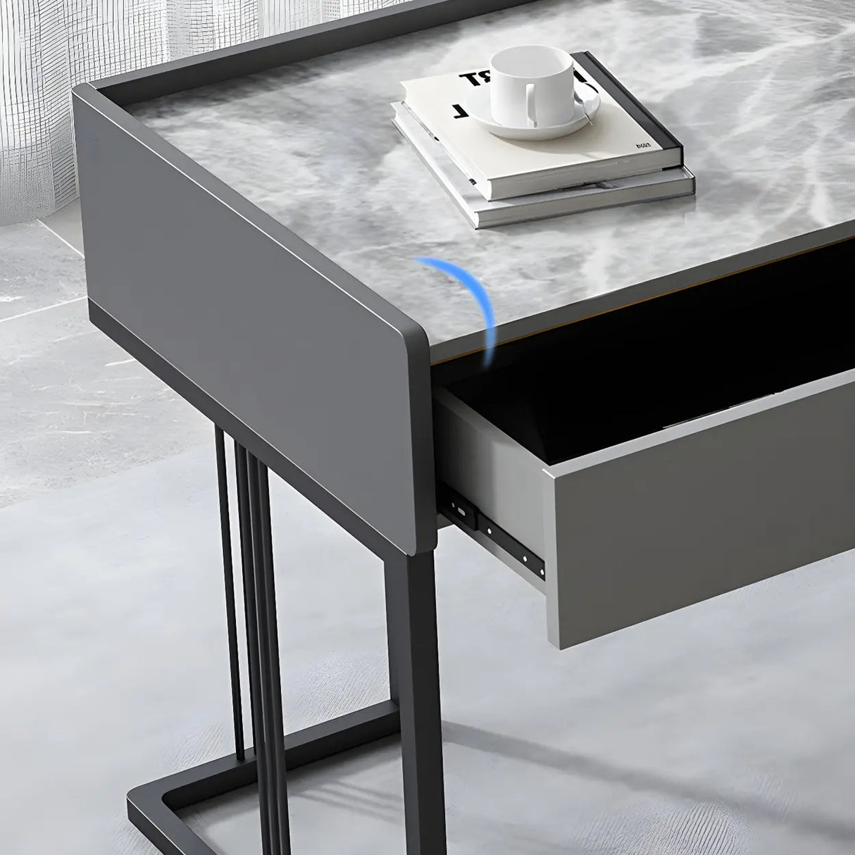 Gray Stone Top Metal Sled Writing Desk with Drawers Image - 8