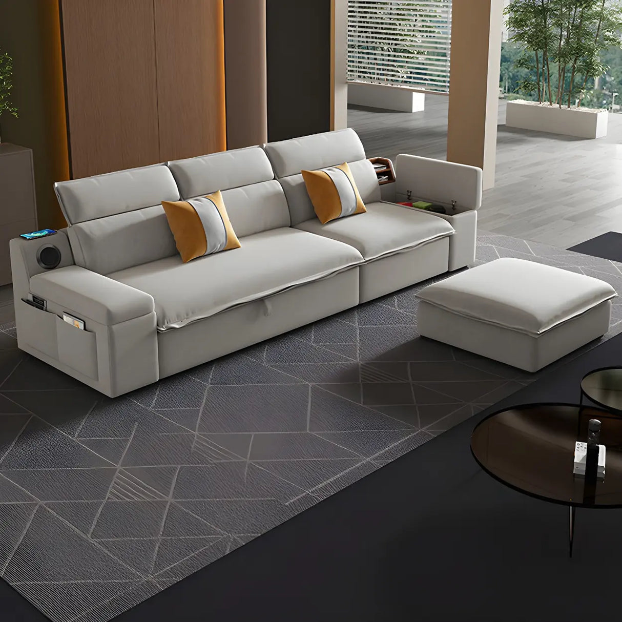 Gray Velvet Sloped Arms Wood Frame Storage Sleeper Sofa Image - 1