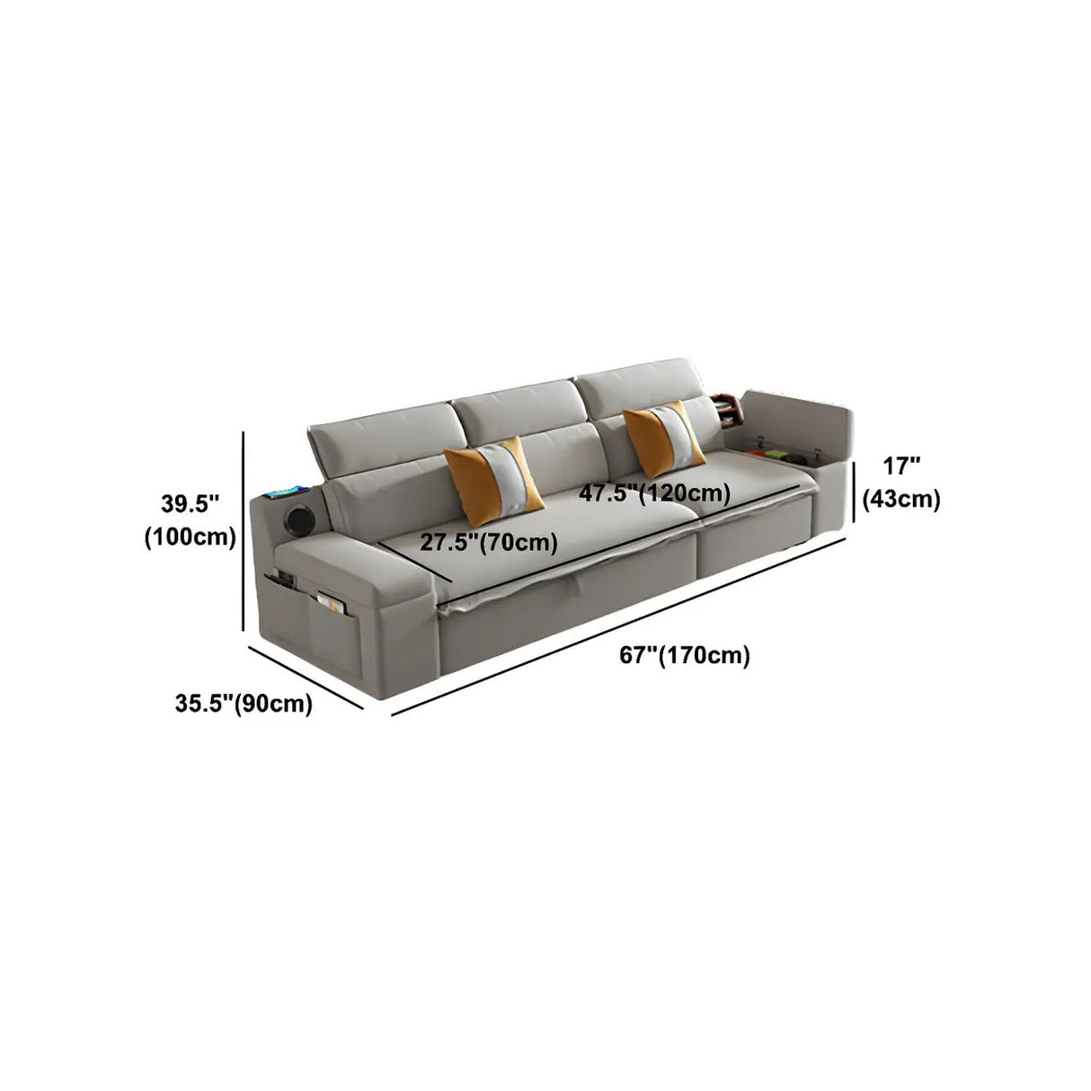 Gray Velvet Sloped Arms Wood Frame Storage Sleeper Sofa 