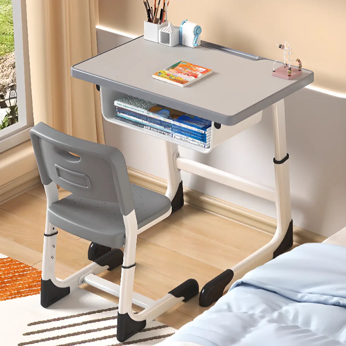 Gray-White Kids Study Desk Chair Set with Storage Image - 1