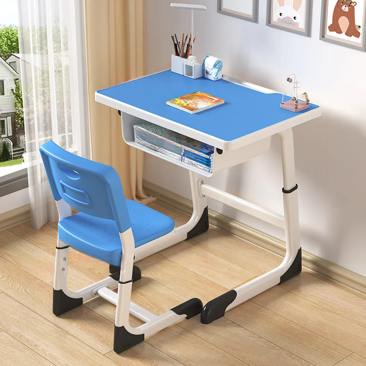 Gray-White Kids Study Desk Chair Set with Storage Image - 3