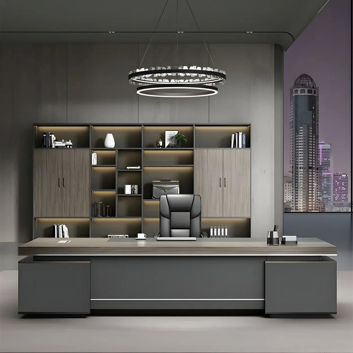 Gray Wood Long Length Executive Desk with Storage Image - 1