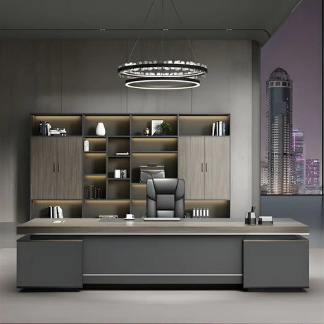 Gray Wood Long Length Executive Desk with Storage Image - 1