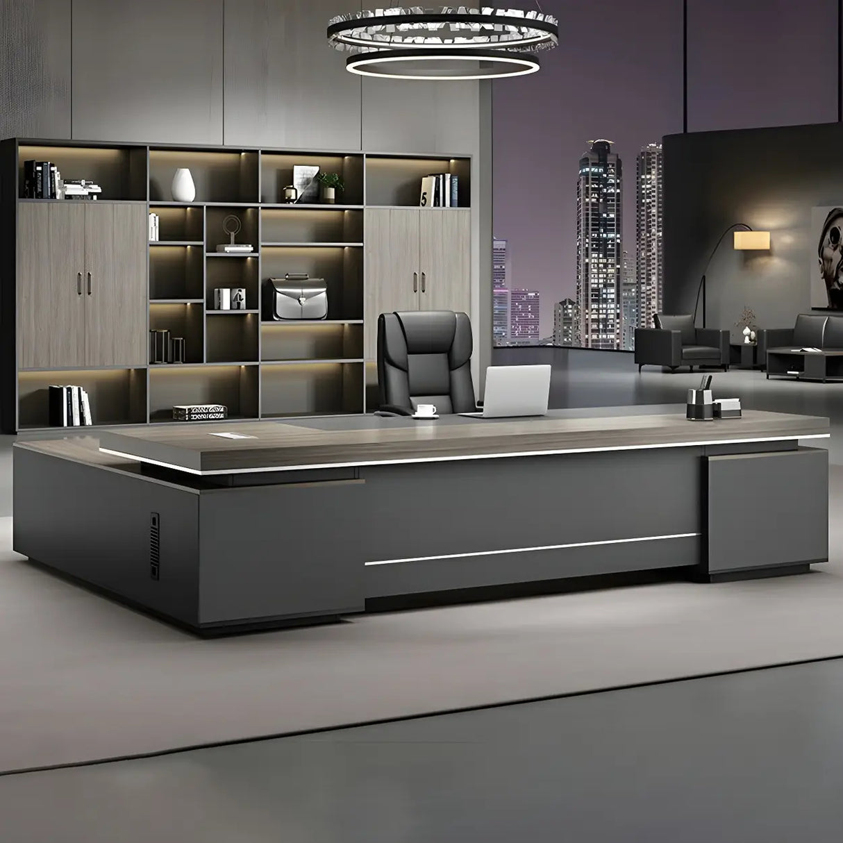 Gray Wood Long Length Executive Desk with Storage Image - 3